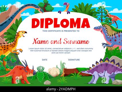 Diplôme pour enfants avec des personnages de dinosaures préhistoriques de dessin animé drôles, modèle de certificat vectoriel. Diplôme d'éducation scolaire ou certificat d'appréciation de la maternelle avec Dino drôle dans le parc jurassique Illustration de Vecteur