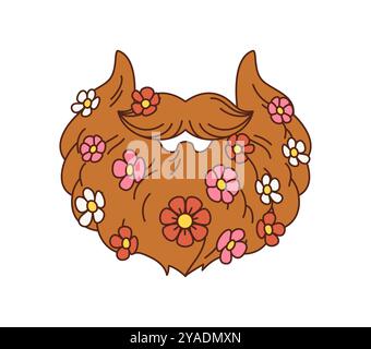 Barbe hippie rétro de dessin animé. Barbe hipster buissonnante vectorielle et moustaches avec des fleurs vibrantes, symbolisant un mélange de masculinité et de nature, mouvement hippie, style bohème et ambiance insouciante des années 60 Illustration de Vecteur