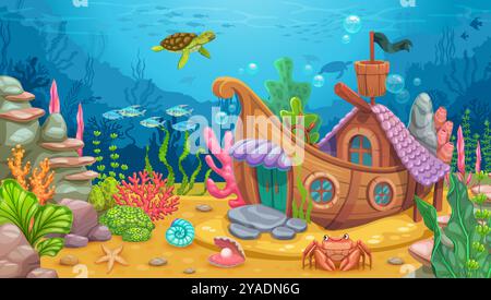 Paysage de jeu sous-marin avec maison de bateau coulé et poissons sous-marins, fond de dessin animé vectoriel. Mer ou océan récif corallien paysage sous-marin avec navire encastré, tortue et crabe pour le niveau de jeu Illustration de Vecteur