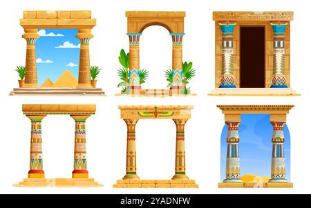 Arches de temple de l'Égypte ancienne, actifs de jeu avec colonnes de pierre de dessin animé et pyramides pharaon d'Égypte. Éléments vectoriels UI de jeu de l'arc de temple antique ou des piliers de porte avec des motifs de couleur et des hiéroglyphes Illustration de Vecteur