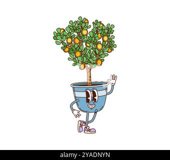 Personnage de finance d'arbre d'argent rétro groovy. Personnage moneytree vintage de vecteur de bande dessinée isolé avec un visage heureux, des pièces d'or sur les branches, portant des gants et des baskets, symbolisant la richesse et la prospérité Illustration de Vecteur