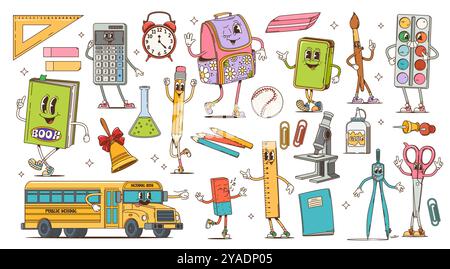 Personnages de papeterie d'éducation scolaire rétro de dessin animé. Mignon livre hippie, crayon, sac à dos et personnages vectoriels de bus scolaire. Ciseaux psychédéliques funky, règle et calculatrice groovy personnages Illustration de Vecteur