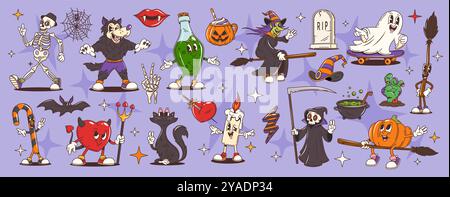 Groovy personnages d'Halloween dans le dessin animé rétro pour les vacances de nuit d'horreur, monstres comiques vectoriels. Squelette groovy d'Halloween de dessin animé et loup-garou drôle avec sorcière de citrouille sur balai et fantôme funky de boo Illustration de Vecteur