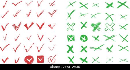 Ensemble de coches et de croix pour liste de tâches ou vote. Eléments vectoriels pour répondre par oui ou non aux questions de test. Crayon fusain rouge et vert correct ou Illustration de Vecteur