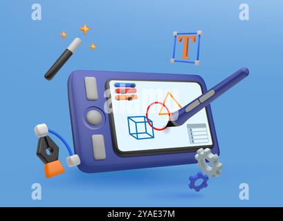 Tablette de conception Web. Outil graphique numérique 3D. Rendu pédagogique ou au stylo d'artiste. Stylet mobile. Retouche photo. Application Designer. Affichage créatif. Interface de l'éditeur en ligne. Création d'idées. Concept de vecteur Illustration de Vecteur