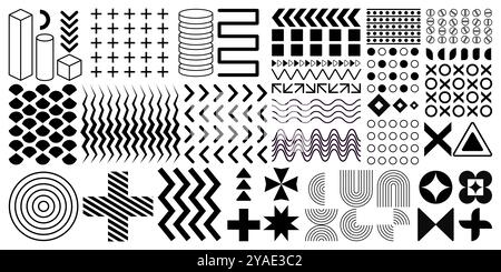 Formes de ligne. Forme graphique géométrique. Motif abstrait. Point noir ou croix. Carte d'onde minimale. Silhouette étoile. Carré ou cercle avec décoration de point tendance. Imprimé décoratif simple. Ensemble d'éléments vectoriels Illustration de Vecteur