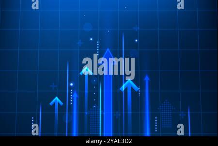 Arrière-plan de croissance. Arrow Up, stratégie d'entreprise financière sur le marché. Graphique de réussite, grille d'échange. Fond bleu avec des éléments lumineux. Conception abstraite de toile de fond de société financière. Concept de vecteur Illustration de Vecteur