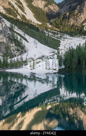 Réflexions de l'après-midi à Pragser Wildsee, Dolomites, avec des pics rocheux et des forêts de pins en été Banque D'Images