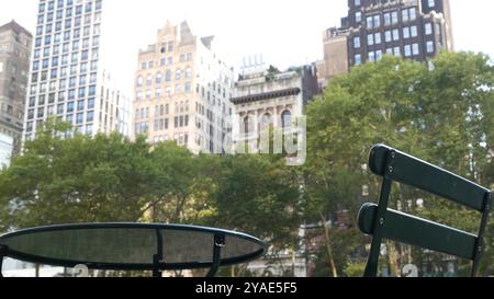 New York City, Manhattan Midtown Bryant Park avec bibliothèque publique, 42 Street et 5th Fifth 5 avenue corner, États-Unis. New York monument aux États-Unis. Chaise vide et table dans la verdure estivale. Banque D'Images