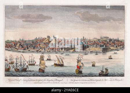 Gravure en couleur vue générale de la ville de Lisbonne la capitale du Royaume du Portugal Éditeur Robert Sayer imprimé par Henry Overton horizon du XVIIIe siècle et paysage urbain perspective historique gravure aquarelle ancienne impression antique Banque D'Images