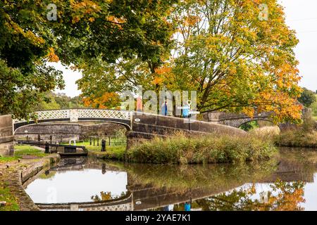 Le canal de Caldon à sa jonction avec la branche Leek du canal de Caldon à Hazelhurst jonction Staffordshire en automne Banque D'Images