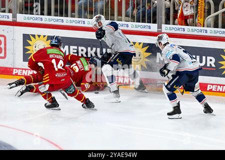 Eishockey DEL - 24/25 - 9. Spieltag : Düsseldorfer EG vs Iserlohn Roosters am 13.10.2024 im PSD Bank Dome in Düsseldorf Düsseldorfs Justin Richards (Nr.14) und Düsseldorfs Kyle Cumiskey (Nr.16) gegen Iserlohns Tyler Boland (Nr.10) und Iserlohns Hubert Labrie (Nr.16) Foto : osnapix Banque D'Images