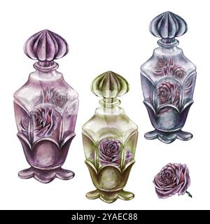 Roses violettes gothiques foncées vintage à l'intérieur d'une bouteille vintage en verre clair. Modèle d'illustration d'aquarelle pour aromathérapie, potion magique de sorcière, alchimie, Banque D'Images