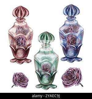 Roses violettes gothiques foncées vintage à l'intérieur d'une bouteille vintage en verre clair. Modèle d'illustration d'aquarelle pour aromathérapie, potion magique de sorcière, alchimie, Banque D'Images