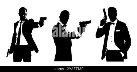 Silhouettes d'hommes élégants en costumes et avec un noeud papillon avec un pistolet dans leur main sur un fond blanc. Illustration sur le thème de Bond d'un tireur Illustration de Vecteur