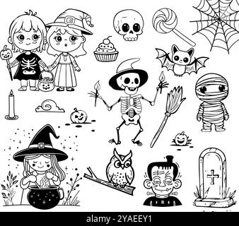 Happy Halloween sticker set avec sorcière, araignée, chauve-souris, squelette, balai, hibou, momie, pierre tombale, Frankenstein et éléments de décoration. Clip magique mystique Illustration de Vecteur