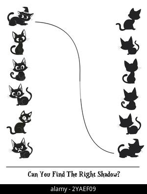 Trouvez la bonne ombre du jeu de chat pour les enfants. Jeu de labyrinthe pour enfants. Illustration en noir et blanc, coloration pour la fête d'Halloween. Illustration de Vecteur