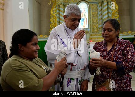 Mumbai, Inde. 13 octobre 2024. MUMBAI, INDE 13 OCTOBRE : à l’occasion de la journée de bénédiction des animaux, le Père Joseph bénit les animaux domestiques apportés par les amoureux des animaux lors d’une cérémonie de bénédiction animale à l’église notre-Dame de la santé, Cavel, Kalbhadevi, le 13 octobre 2024 à Mumbai, Inde. (Photo par Anshuman Poyrekar/Hindustan Times/Sipa USA ) crédit : Sipa USA/Alamy Live News Banque D'Images