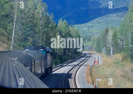 Vue depuis la voiture d'observation du train 'The Skeena' entre Jasper et Prince Rupert en Colombie Britannique, Canada Banque D'Images