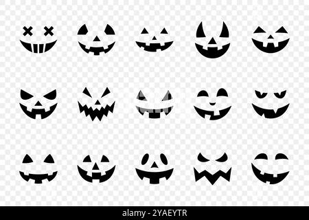 Jack-o-Lantern faces Collection pour Halloween Pumpkin Carving, Black Silhouette Pumpkin faces. Jack-o-Lantern Design, ensemble d'icônes de visage d'Halloween. Jack-o Illustration de Vecteur