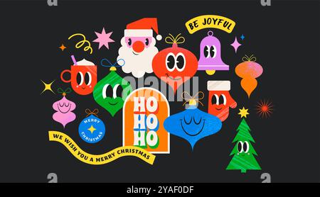 Joyeux Noël, collection de dessins animés drôles, autocollants, illustrations. Ornements de Noël de style moderne rétro, Père Noël, arbre de Noël avec des visages drôles Illustration de Vecteur