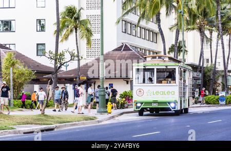 Oahu, Hawaii, États-Unis - 27 février 2024 : Lealea Trolley est un tramway à arrêts multiples à Waikiki et Honolulu. Les lignes Trolley couvrent de nombreux dest populaires Banque D'Images