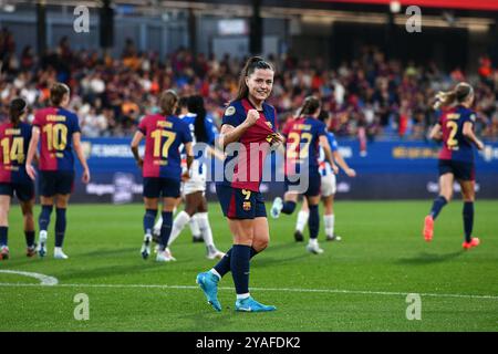 Barcelone, ESP. 13 octobre 2024. FC BARCELONA VS RCD ESPANYOL. 13 octobre 2024 Claudia Pina (9 ans) du FC Barcelone célèbre avoir marqué le quatrième but de son équipe lors du match entre le FC Barcelone et le RCD Espanyol correspondant à la Liga F au stade Johan Cruyff de Barcelone, Espagne, le 13 octobre 2024. Crédit : Rosdemora/Alamy Live News Banque D'Images