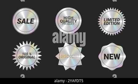 Autocollants holographiques logos emblème étiquettes couleur. Formes géométriques avec différentes arêtes. Pour emballer le produit ou le matériel promotionnel. Autocollant pour vêtements ou accessoires. Illustration vectorielle. Illustration de Vecteur