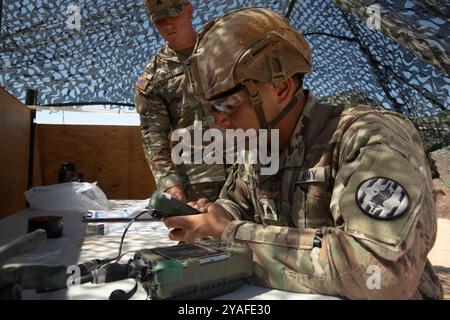 Un soldat de l'armée américaine affecté au 93rd Military police Battalion passe par les tâches de la voie de patrouille dans le cadre de l'Expert Infantryman, Expert Soldier, et Expert Field Medical badge, simplement connu sous le nom E3B, événement qui s'est tenu à Fort Bliss, Texas, le 16 septembre 2024. Les candidats E3B doivent effectuer plusieurs tâches de patrouille militaire, y compris la lecture de cartes, la recherche de personnel, la signalisation visuelle, les mouvements sous feu, les opérations radio et les engins chimiques, biologiques, radiologiques et nucléaires (CBRN) dans le cadre de l'évaluation globale pour obtenir les badges respectifs. Plus de 900 soldats affectés au 1st Armored Banque D'Images