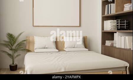 Le design intérieur d'une chambre contemporaine et minimaliste avec un lit confortable avec des draps blancs, une plante d'intérieur près d'un mur blanc et un livre Banque D'Images