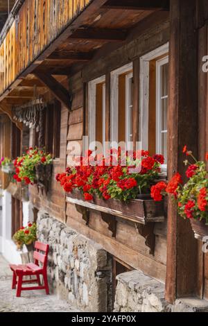 Maison en bois avec des géraniums rouges dans des jardinières devant les fenêtres, lac de Brienz, Brienz, Suisse, Europe Banque D'Images