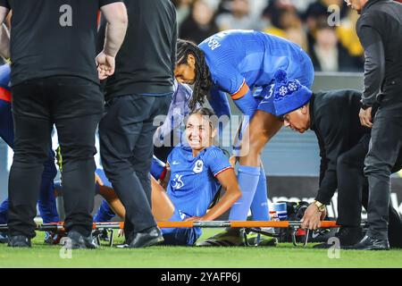 MELBOURNE, AUSTRALIE, 14 JUILLET : Selma Bacha, de France, est blessée après un tacle avec Hayley Raso, d'Australie, alors que l'Australie affronte la France dans une Coupe du monde Banque D'Images