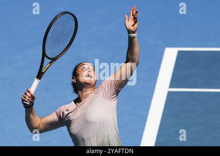 MELBOURNE, AUSTRALIE, le 12 JANVIER : ons Jabeur, de Tunisie, s'entraîne avec Naomi Osaka, du Japon, avant l'Open d'Australie 2024 au Melbourne Park Banque D'Images
