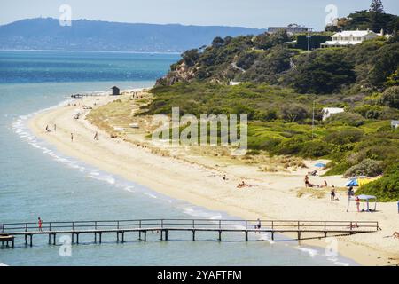 Vue vers Shelley Beach sur la Sorrento, Portsea Artists' Trail lors d'une chaude journée d'été dans la péninsule de Mornington, Victoria, Australie, Océanie Banque D'Images