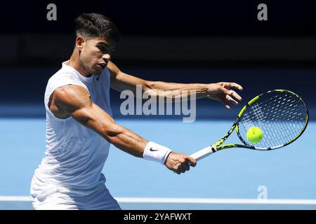 MELBOURNE, AUSTRALIE, 11 JANVIER : Carlos Alcaraz, d’Espagne, termine une séance d’entraînement avec Stan Wawrinka, de Suisse, avant l’australien 2024 Banque D'Images