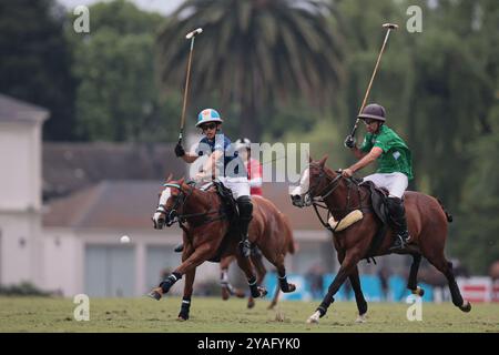 Tortuguitas, Buenos Aires - 13 octobre 2024 : au deuxième tour du 84e Tortugas Country Club Open, présenté par Jumbo, la Dolfina Saudi a triomphé de la hache Cría & Polo avec une victoire de 17-13 sur le terrain 5. Gonzalo Ferrari est intervenu pour un Adolfito Cambiaso blessé, et la Dolfina a trouvé son rythme avec le deuxième chukker, le remportant 4-0 et prenant le contrôle du match. Poroto Cambiaso s’est démarqué avec 8 buts (six au penalty), tandis que Pelón Stirling et Juan M. Nero ont contribué à la bonne performance de l’équipe. Crédit : UNAR photo/Alamy Live News Banque D'Images