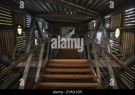 Fochteloo, Drenthe, pays-Bas, 07 20 2022, aménagement intérieur en bois de mélèze d'une tour d'observation dans le fen, Europe Banque D'Images