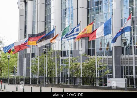 Bruxelles centre-ville, Belgique, drapeaux nationaux d'Allemagne, Grèce, Finlande, France, pays-Bas, L'Estonie et la République tchèque se sont alignées à l'EUR Banque D'Images