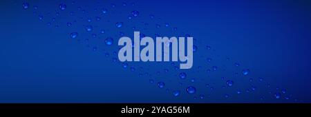 Gouttelettes d'eau sur une surface brillante bleu foncé. Fond avec composition diagonale de goutte de condensation. Illustration vectorielle 3d réaliste de rosée bg avec goutte de pluie liquide. Motif avec effet humide frais Illustration de Vecteur