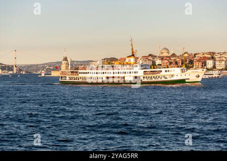 Istanbul, Turkiye - 8 octobre 2024 : vue panoramique d'Istanbul vue du milieu du Bosphore, bâtiments résidentiels, tours d'affaires et mosquées Banque D'Images