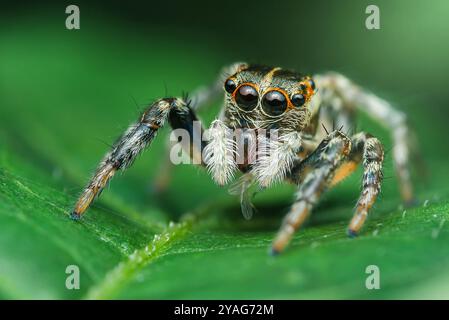 Araignée sautante debout sur une feuille verte tenant sa proie avec ses pedipalpes, avec un fond vert flou. Banque D'Images