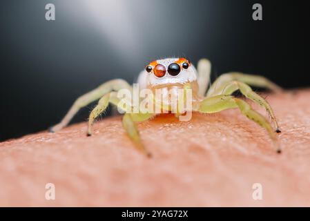 Macro gros plan d'une petite araignée sautante avec des couleurs vives debout sur la peau humaine. Banque D'Images