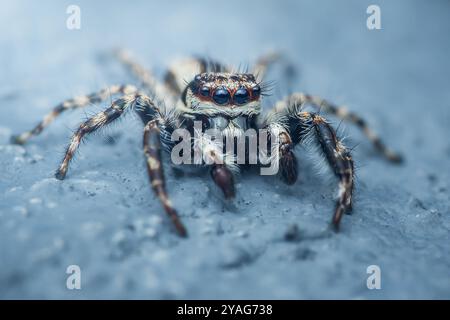 Araignée sautante avec des marques noires, blanches et brunes debout sur une surface de béton bleu. Banque D'Images