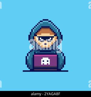 Pixel art Hacker avec ordinateur portable dans la conception d'actifs de jeu Hood Illustration de Vecteur