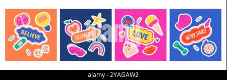 Affiches carrées avec des autocollants de journal intime mignons pour planificateur quotidien personnel, agendas, liste à faire ou album. Étiquettes dessinées à la main à la mode, éléments imprimés et citations inspirantes pour les publications sur les médias sociaux Illustration de Vecteur