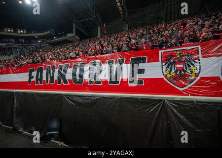 Österreichische Fußballfans während des Nations League Fußballspiels zwischen Österreich gegen Norwegen, Am Sonntag 13. Oktober 2024 in der Raiffeisen Arena à Linz, Österreich // fans de football autrichiens lors du match de football de l'UEFA Nations League opposant l'Autriche à la Norvège le dimanche 13 octobre 2024 au Raiffeisen Arena à Linz, Autriche. - 20241013 PD6702 crédit : APA-PictureDesk/Alamy Live News Banque D'Images