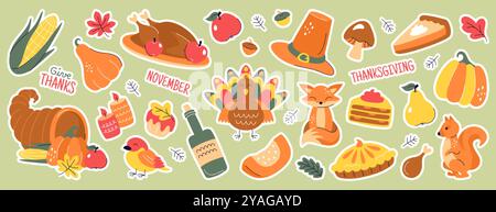 Ensemble d'autocollants de vacances de jour de Thanksgiving. Vecteur doodle éléments d'automne avec dinde rôtie, feuilles d'automne, cornucopia, légumes, animaux, citrouille, chapeau de pèlerin, tarte, vin, bougies. Icônes du festival des récoltes Illustration de Vecteur