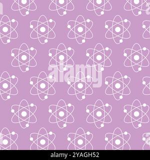 Motif d'atome blanc sans couture sur fond rose. Concept de Science illustration, structure atomique, chimie, physique. Élément de conception pédagogique, Sci Illustration de Vecteur