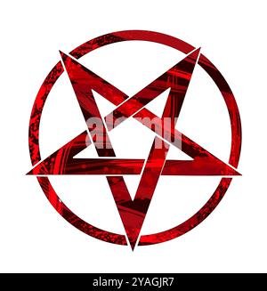 Pentagramme inversé en cercle, peint avec de la peinture rouge texturée sur fond blanc. Symbole occulte. Illustration de Vecteur