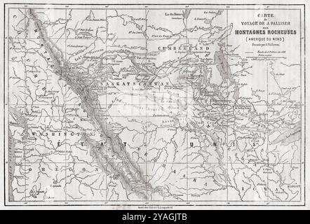 Carte montrant la route empruntée par le capitaine John Palliser au cours de son expédition d'exploration de l'Amérique du Nord britannique, 1857 - 1861. Extrait du Tour du monde, paru à Paris, 1860. Banque D'Images